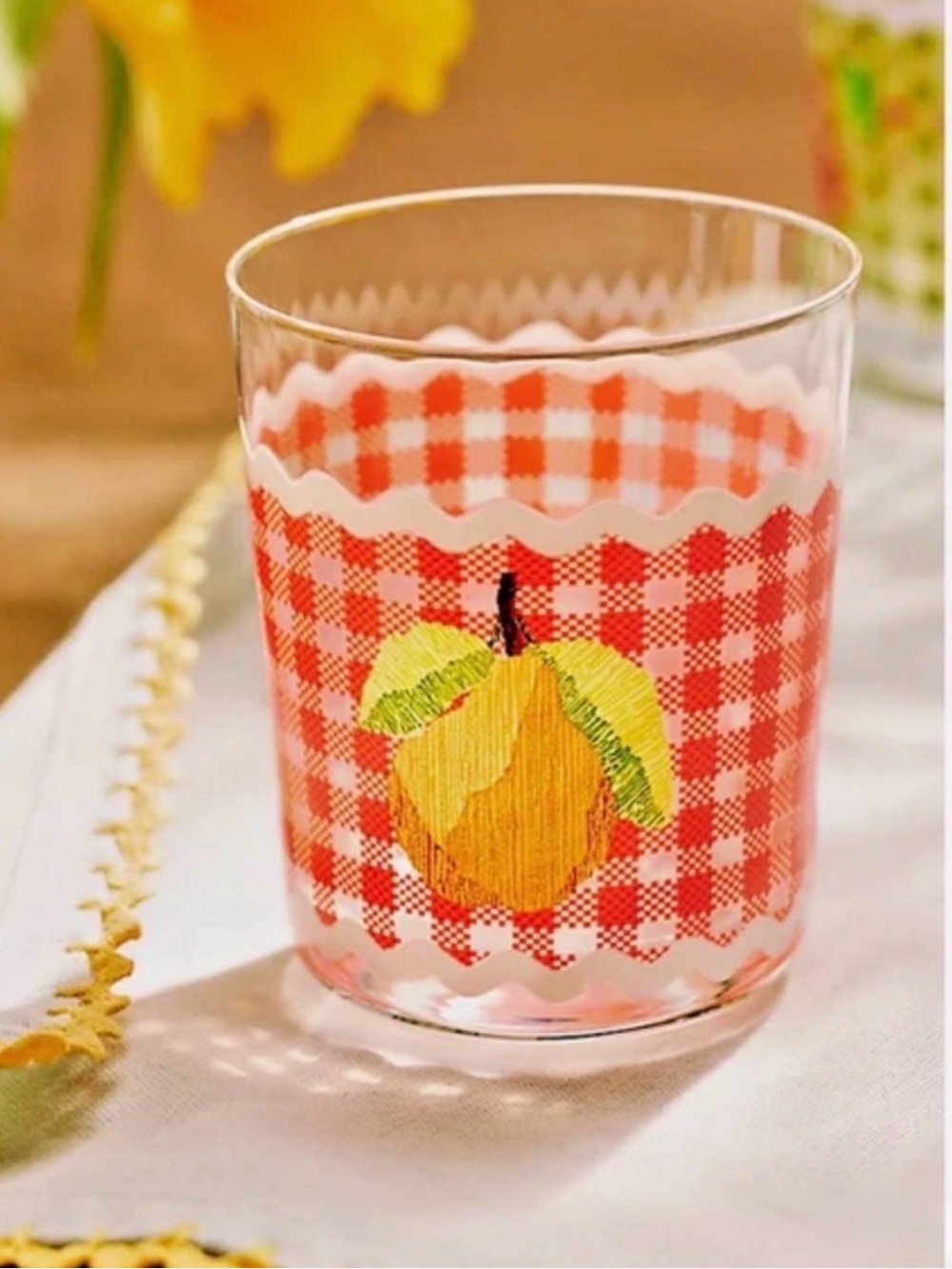 Anthropologie NWT Ischia Gingham Fruit Juice Glass Pear
